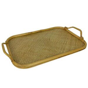 Bent Cane Wicker Serving Tray with Handles Tiki Bar Barbecue Patio Vintage